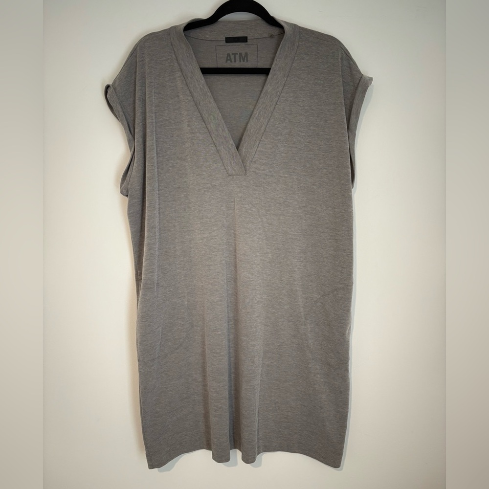 ATM Women’s Gray Casual V-Neck Short Sleeve Dress Midi Pockets - Size Large
